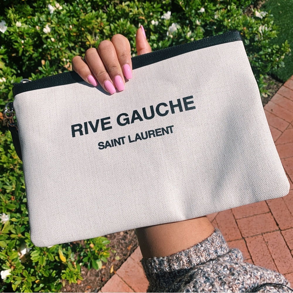 Saint Laurent Rive Gauche Canvas Clutch | YSL Pouch Black Leather Trim Wristlet